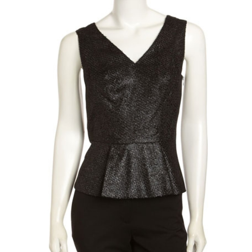 Tahari black/silver metallic tweed peplum top